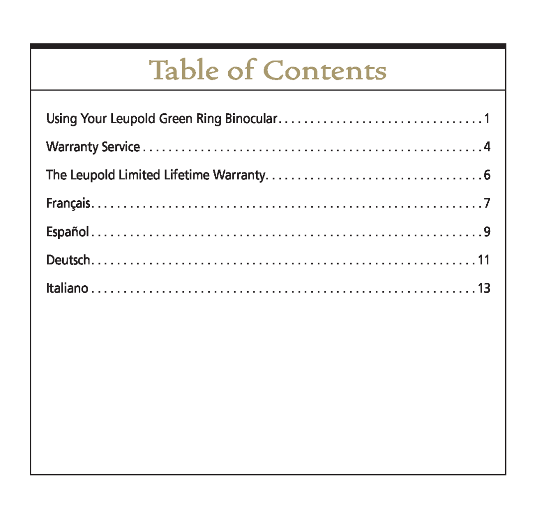 Leupold 56113 Table of Contents, Using Your Leupold Green Ring Binocular, The Leupold Limited Lifetime Warranty 