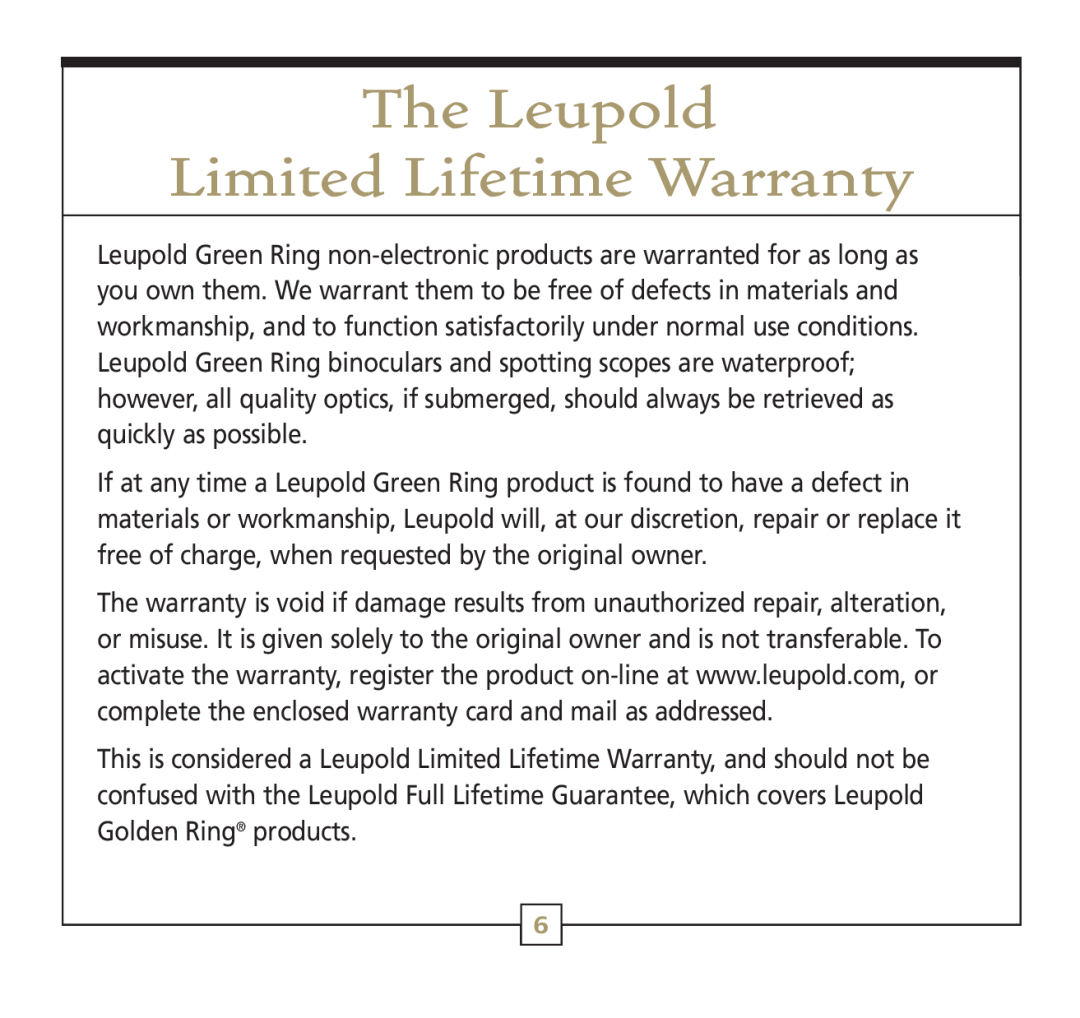Leupold 56113 operating instructions The Leupold Limited Lifetime Warranty 