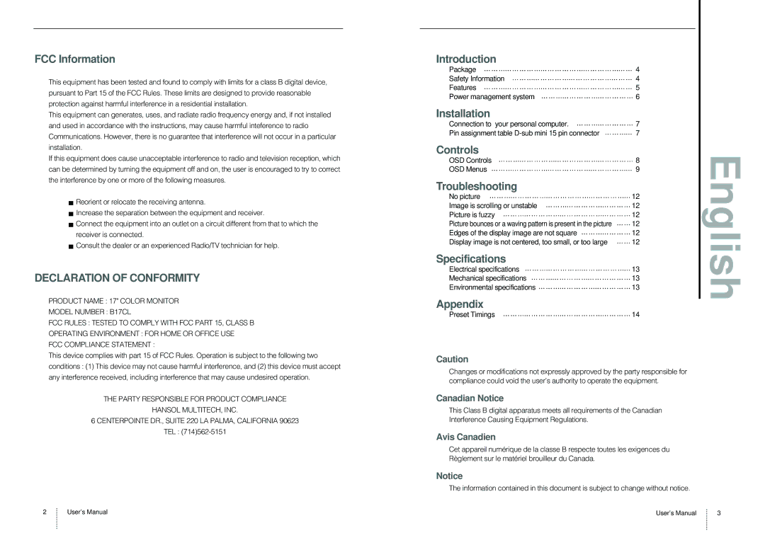 Leupold B17CL specifications Canadian Notice, Avis Canadien 