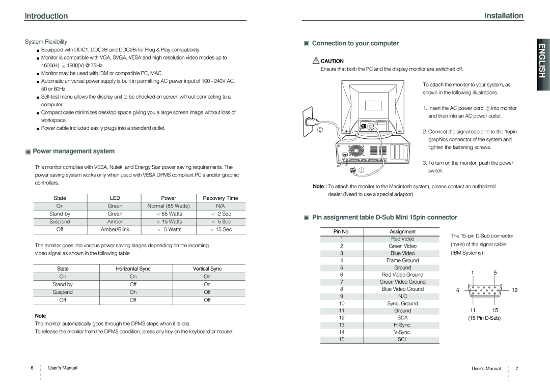 Leupold B17CL Power management system, Connection to your computer, Pin assignment table D-Sub Mini 15pin connector 