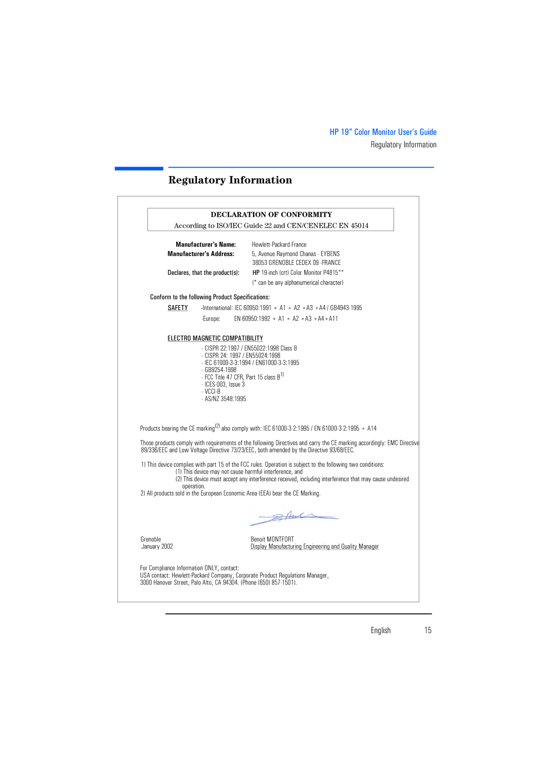 Leupold P4815, HP92 manual Regulatory Information, Declaration of Conformity 