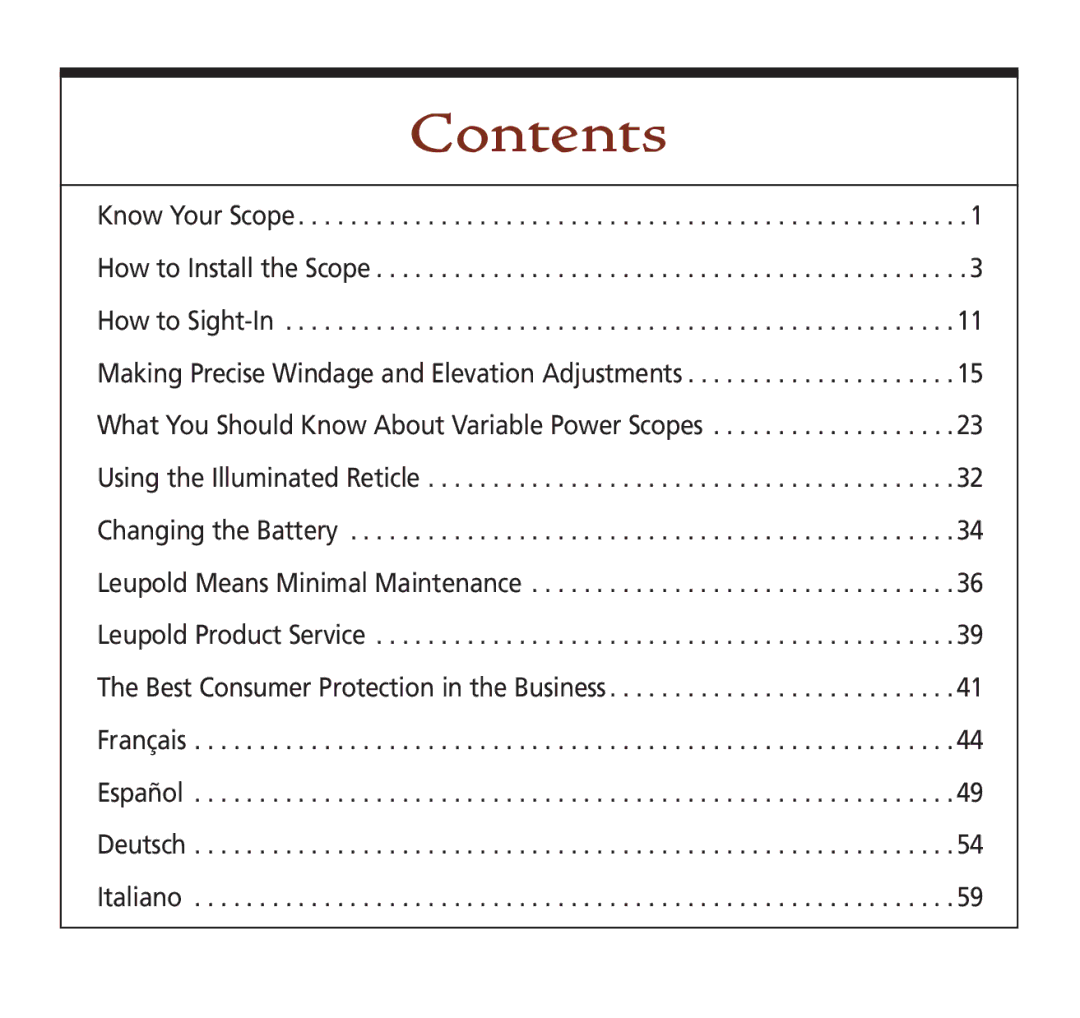 Leupold Hunting Equipment manual Contents 