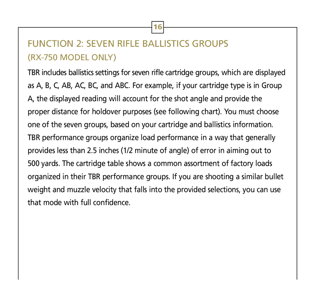 Leupold Rx-750, Rx-600 operation manual Function 2 Seven Rifle Ballistics Groups 