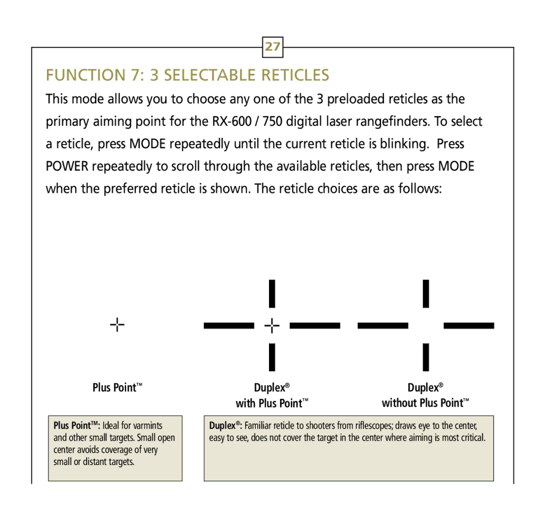 Leupold Rx-600, Rx-750 operation manual Function 7 3 selectable reticles, Plus Point 