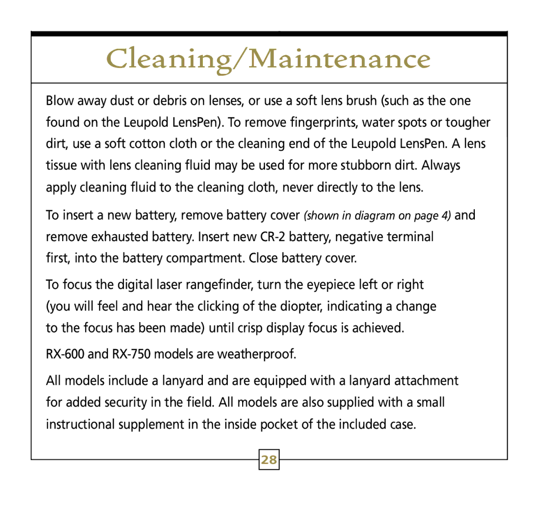 Leupold Rx-750, Rx-600 operation manual Cleaning/Maintenance, First, into the battery compartment.. Close battery cover 