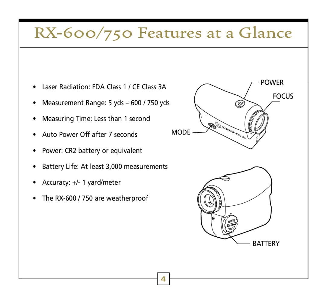 Leupold Rx-750, Rx-600 operation manual RX-600/750 Features at a Glance 