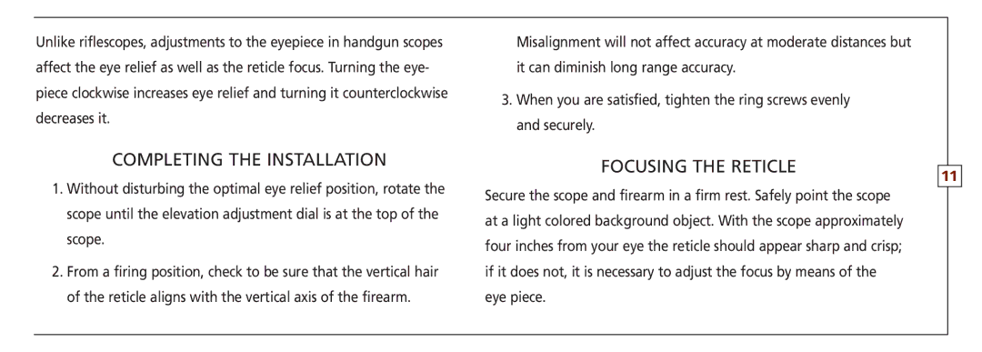 Leupold FX-3, VX-II, FX-ll, FX-I, FXTM-I, VX-3 owner manual Completing the installation, Focusing the reticle 