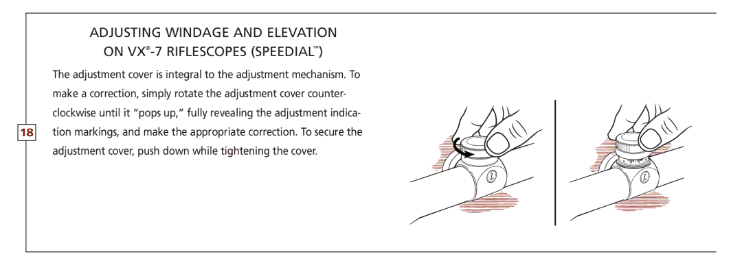 Leupold FX-3, VX-II, FX-ll, FX-I, FXTM-I, VX-3 owner manual Adjusting windage and elevation On VX-7 RIFLEscopes Speedial 