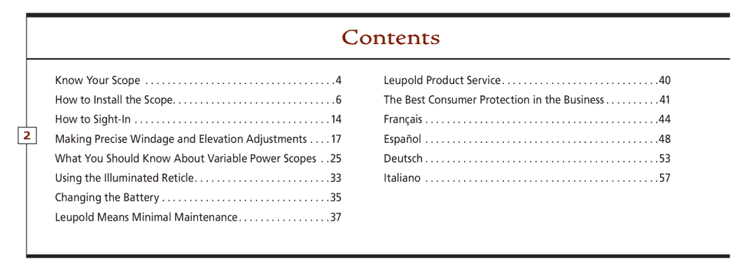 Leupold VX-II, FX-ll, FX-I, FX-3, FXTM-I, VX-3 owner manual Contents 