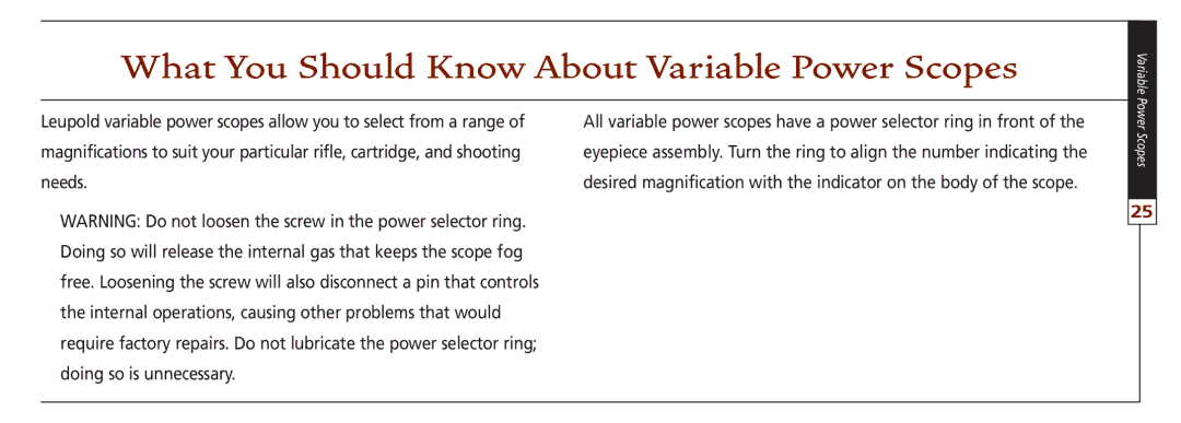 Leupold FX-3, VX-II, FX-ll, FX-I, FXTM-I, VX-3 owner manual What You Should Know About Variable Power Scopes 