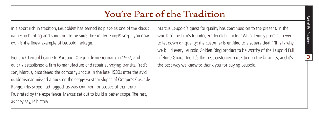 Leupold FX-I, VX-II, FX-ll, FX-3, FXTM-I, VX-3 owner manual You’re Part of the Tradition 