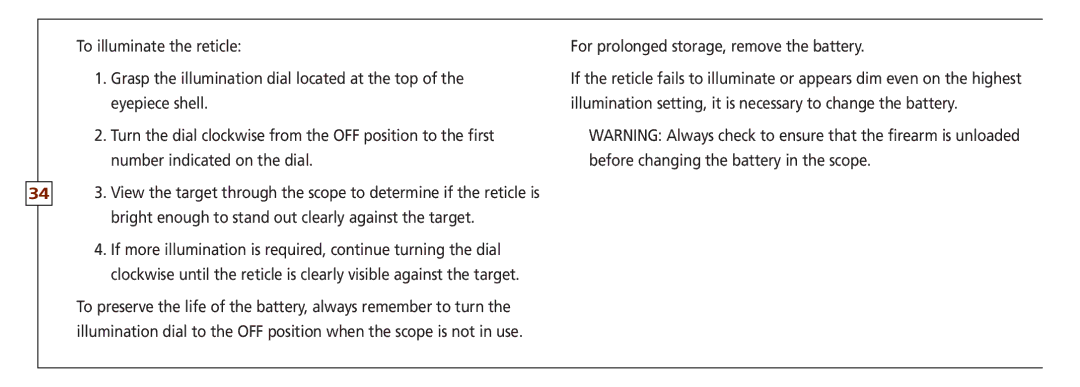 Leupold VX-3, VX-II, FX-ll, FX-I, FX-3, FXTM-I owner manual For prolonged storage, remove the battery 