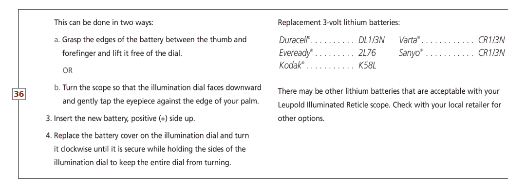 Leupold FX-ll, VX-II, FX-I, FX-3, FXTM-I, VX-3 owner manual Replacement 3-volt lithium batteries 