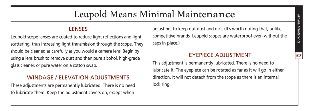 Leupold VX-II, FX-ll, FX-I, FX-3, FXTM-I, VX-3 owner manual Lenses, Windage / elevation adjustments, Eyepiece adjustment 