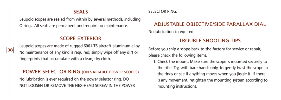 Leupold FX-I, VX-II, FX-ll, FX-3, VX-3 Seals, Scope exterior, Adjustable objective/side Parallax dial, Trouble shooting tips 