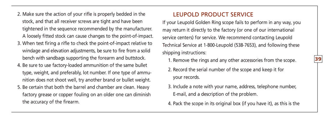 Leupold FX-3, VX-II, FX-ll, FX-I, FXTM-I, VX-3 owner manual Leupold Product Service 