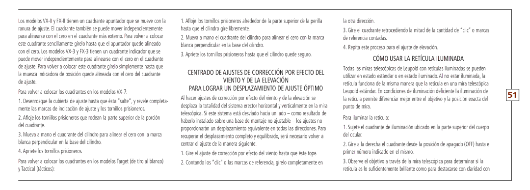 Leupold VX-II, FX-ll, FX-I, FX-3, FXTM-I, VX-3 Para volver a colocar los cuadrantes en los modelos, Del cuadrante 