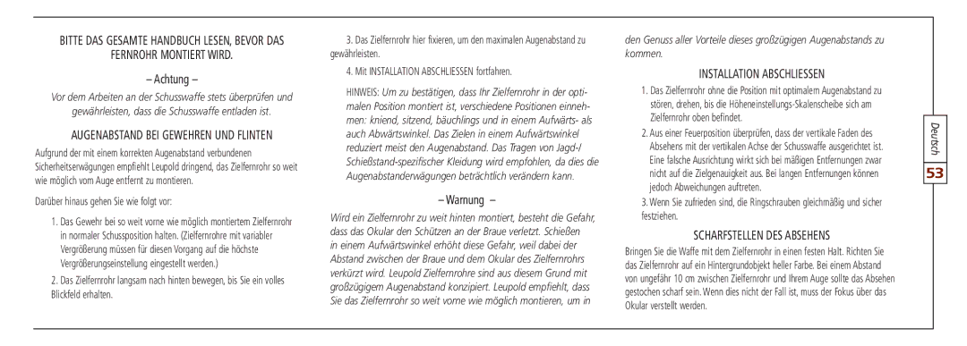 Leupold FX-3, VX-II Augenabstand bei Gewehren und Flinten, Warnung, Installation abschlieSSen, Scharfstellen des Absehens 