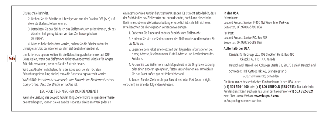 Leupold VX-II, FX-ll, FX-I Leupold Technischer Kundendienst, Okularschale befindet, Zu werden, Anspruch genommen werden 