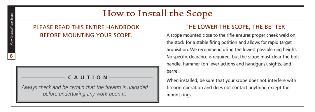 Leupold VX-3, VX-II, FX-ll, FX-I, FX-3 How to Install the Scope, Please read this entire handbook Before mounting your scope 