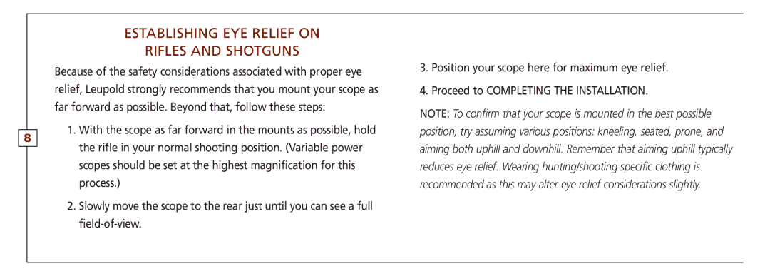 Leupold FX-ll, VX-II, FX-I, FX-3, FXTM-I, VX-3 owner manual Establishing eye relief on Rifles and shotguns 