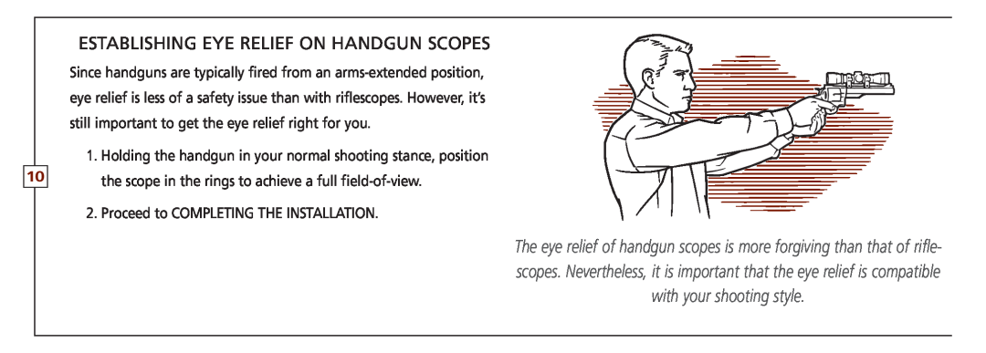 Leupold FX-I, VX-II, FX-ll, FX-3, FXTM-I Establishing eye relief on handgun scopes, Proceed to COMPLETING THE INSTALLATION 