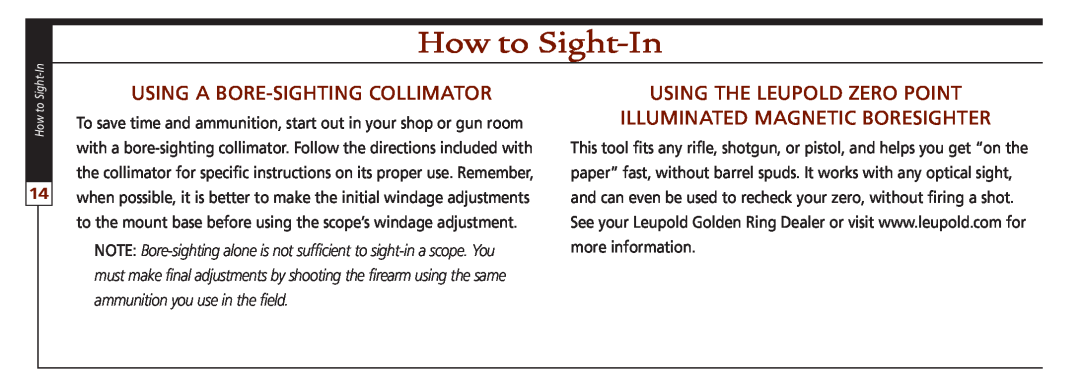 Leupold VX-II, FX-ll, FX-I, FX-3, FXTM-I, VX-3 owner manual How to Sight-In, Using a bore-sighting collimator 