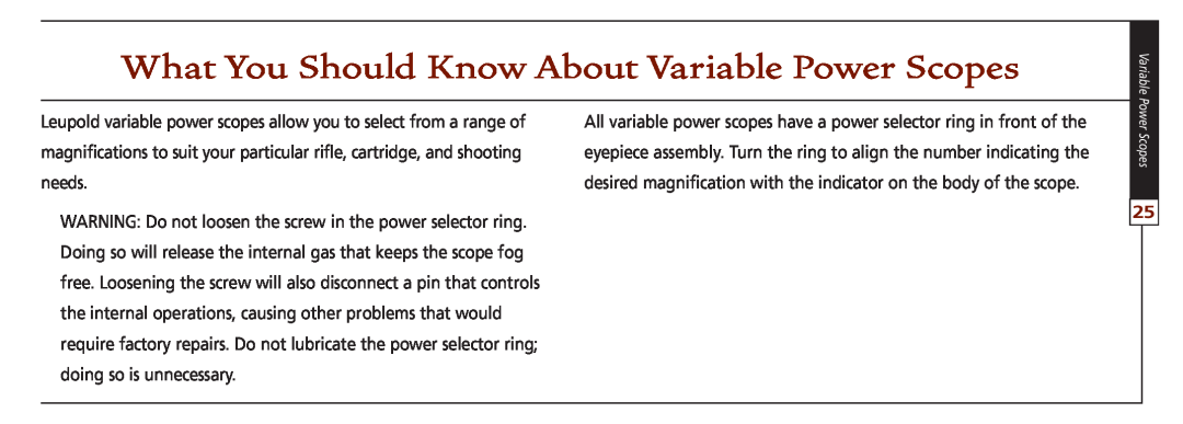 Leupold FX-3, VX-II, FX-ll, FX-I, FXTM-I, VX-3 owner manual What You Should Know About Variable Power Scopes 