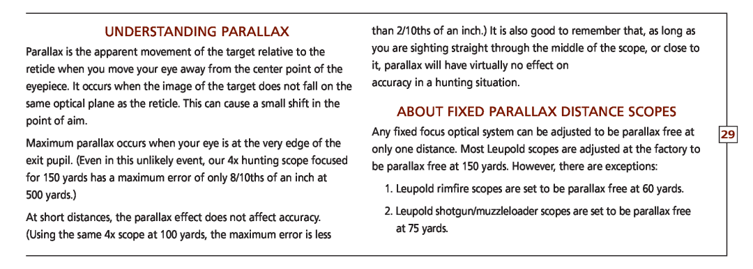 Leupold FX-ll, VX-II, FX-I, FX-3, FXTM-I, VX-3 owner manual Understanding parallax, About fixed parallax distance scopes 