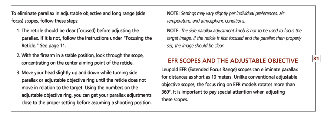 Leupold FX-I, VX-II, FX-ll, FX-3, FXTM-I, VX-3 owner manual EFR scopes and the adjustable objective 