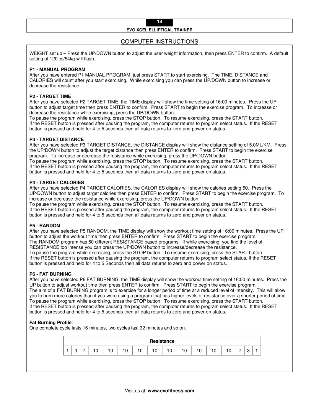 Leupold XCEL P1 Manual Program, P2 Target Time, P3 Target Distance, P4 Target Calories, P5 Random, P6 FAT Burning 