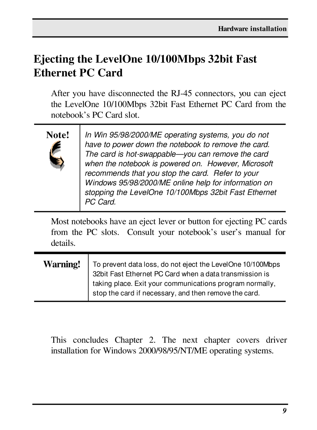 LevelOne 10/100M 32bit Fast Ethernet PC card user manual Ejecting the LevelOne 10/100Mbps 32bit Fast Ethernet PC Card 