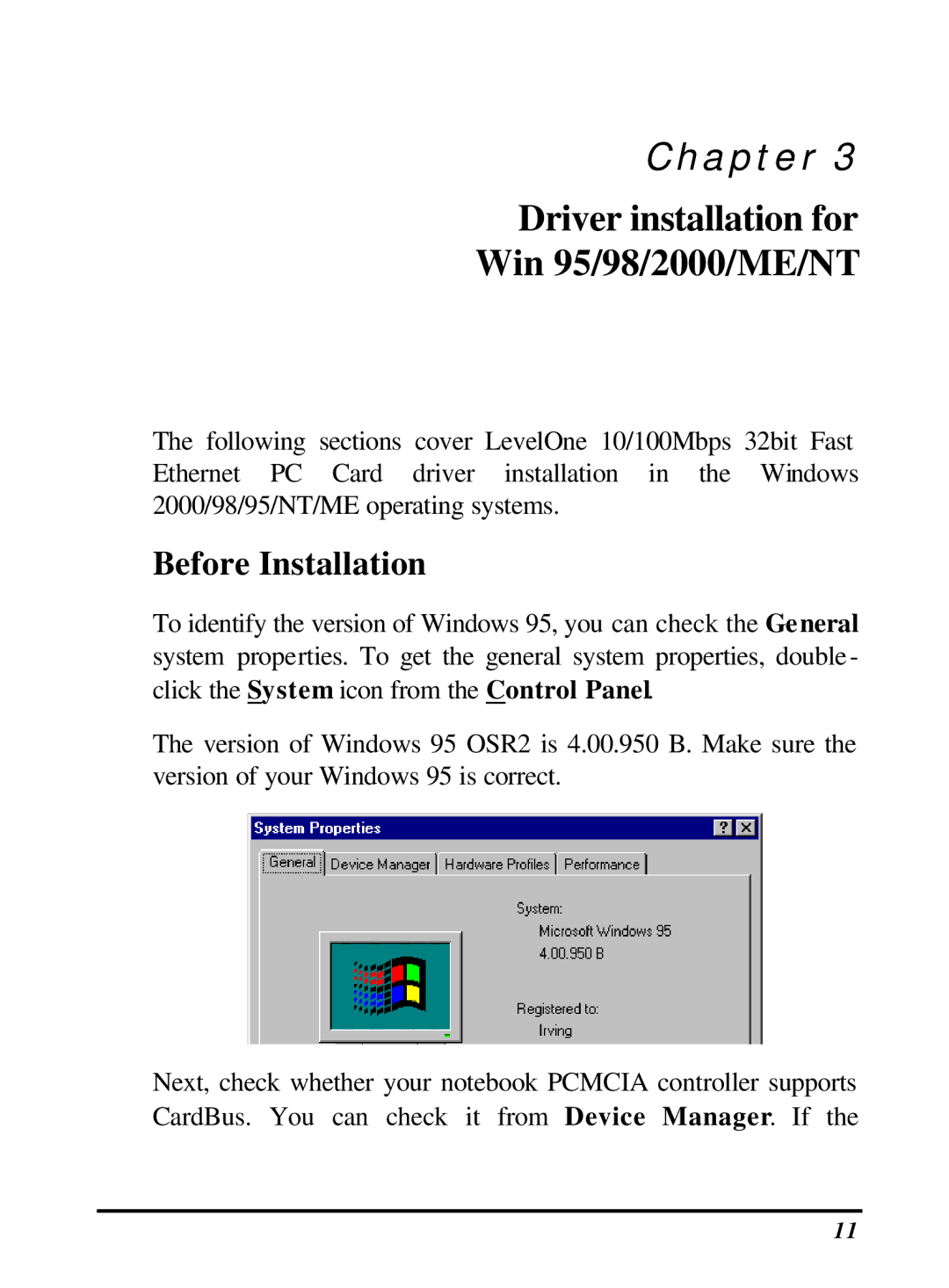 LevelOne 10/100M 32bit Fast Ethernet PC card user manual Driver installation for Win 95/98/2000/ME/NT, Before Installation 