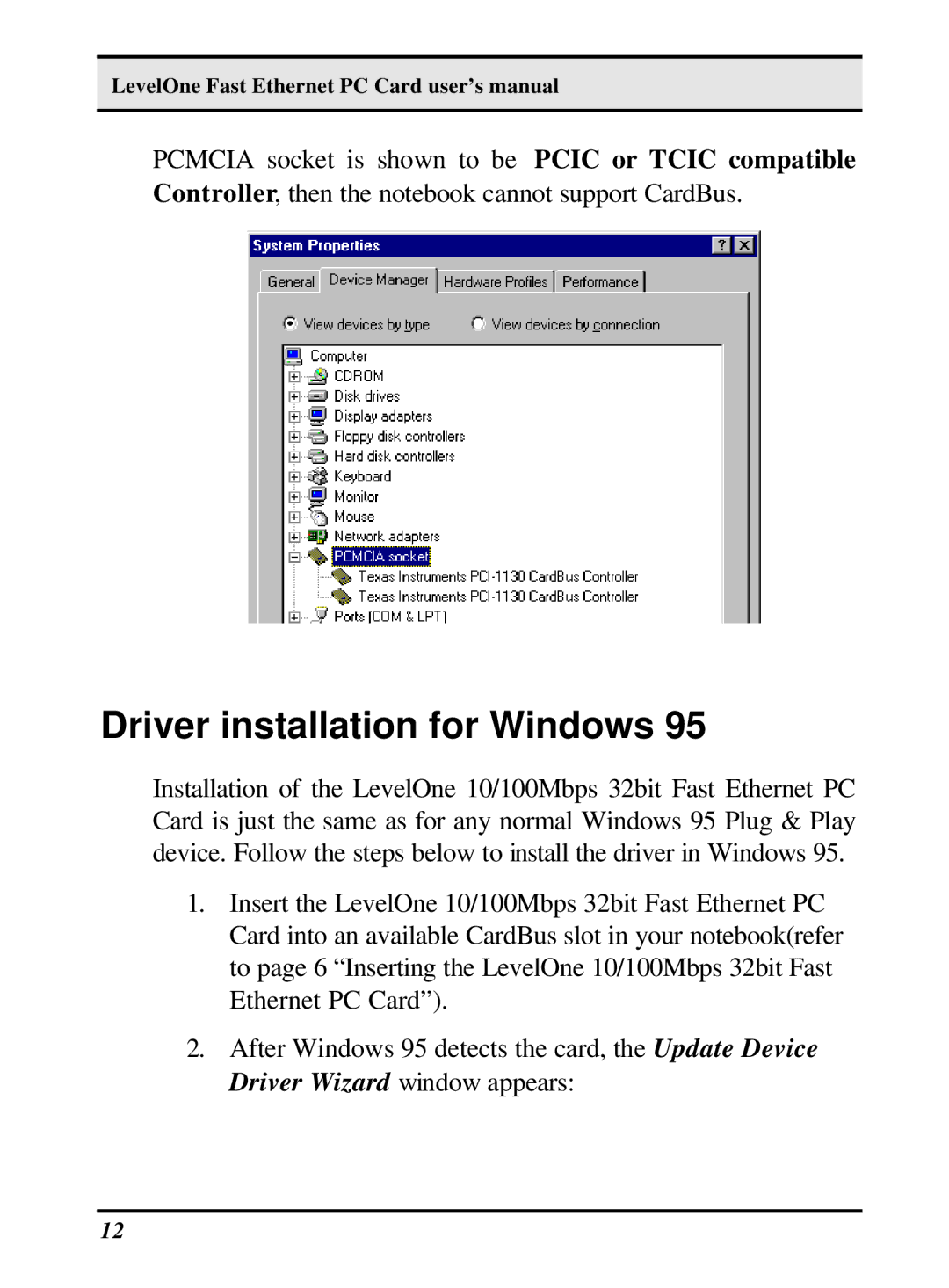 LevelOne 10/100M 32bit Fast Ethernet PC card user manual Driver installation for Windows 
