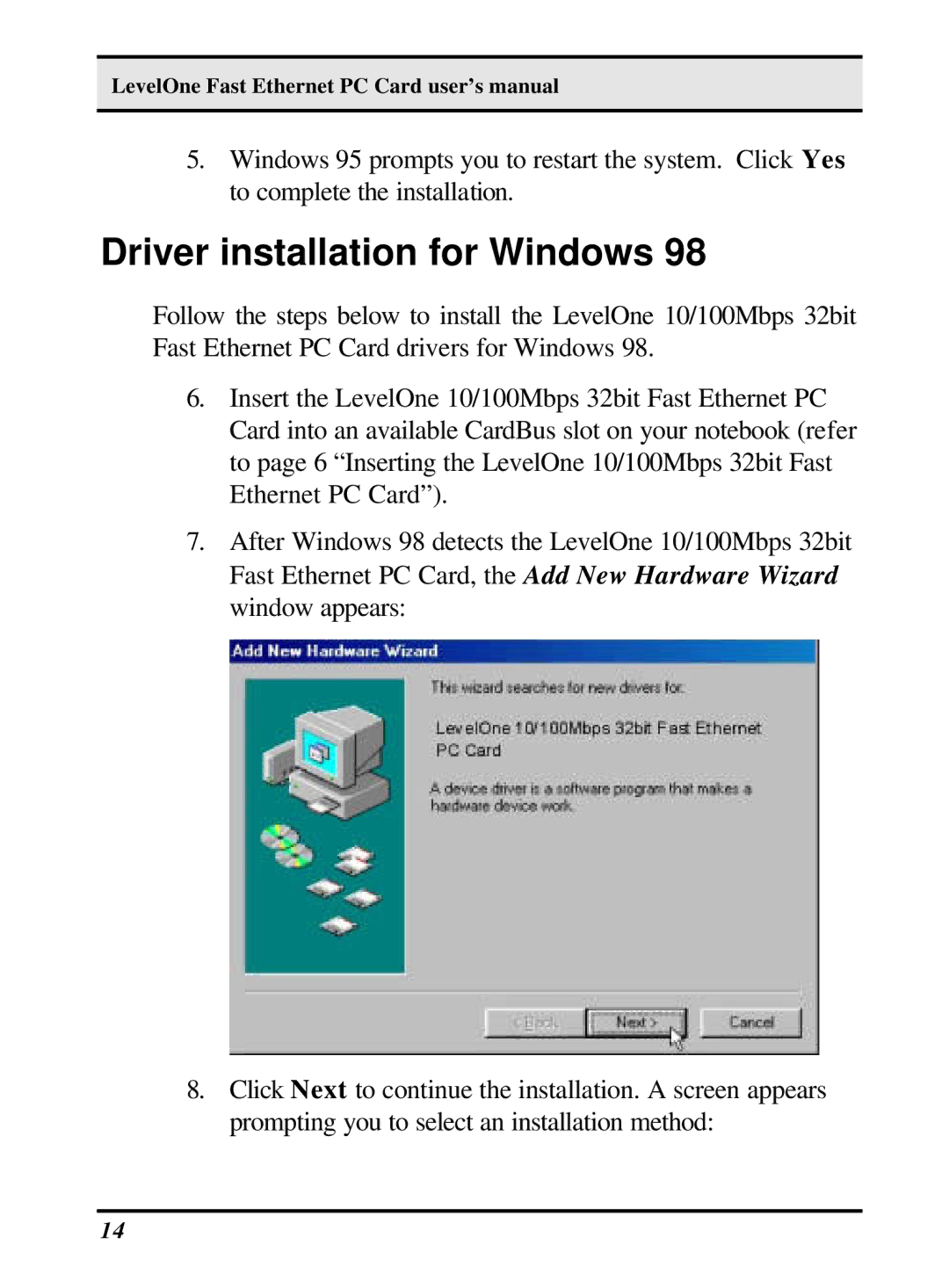 LevelOne 10/100M 32bit Fast Ethernet PC card user manual Driver installation for Windows 