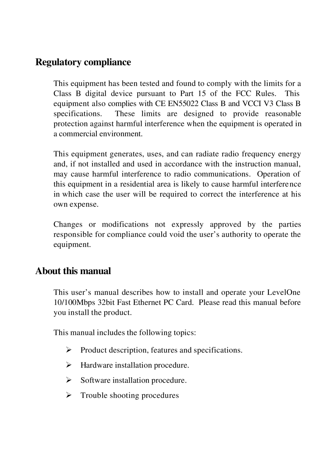 LevelOne 10/100M 32bit Fast Ethernet PC card user manual Regulatory compliance 