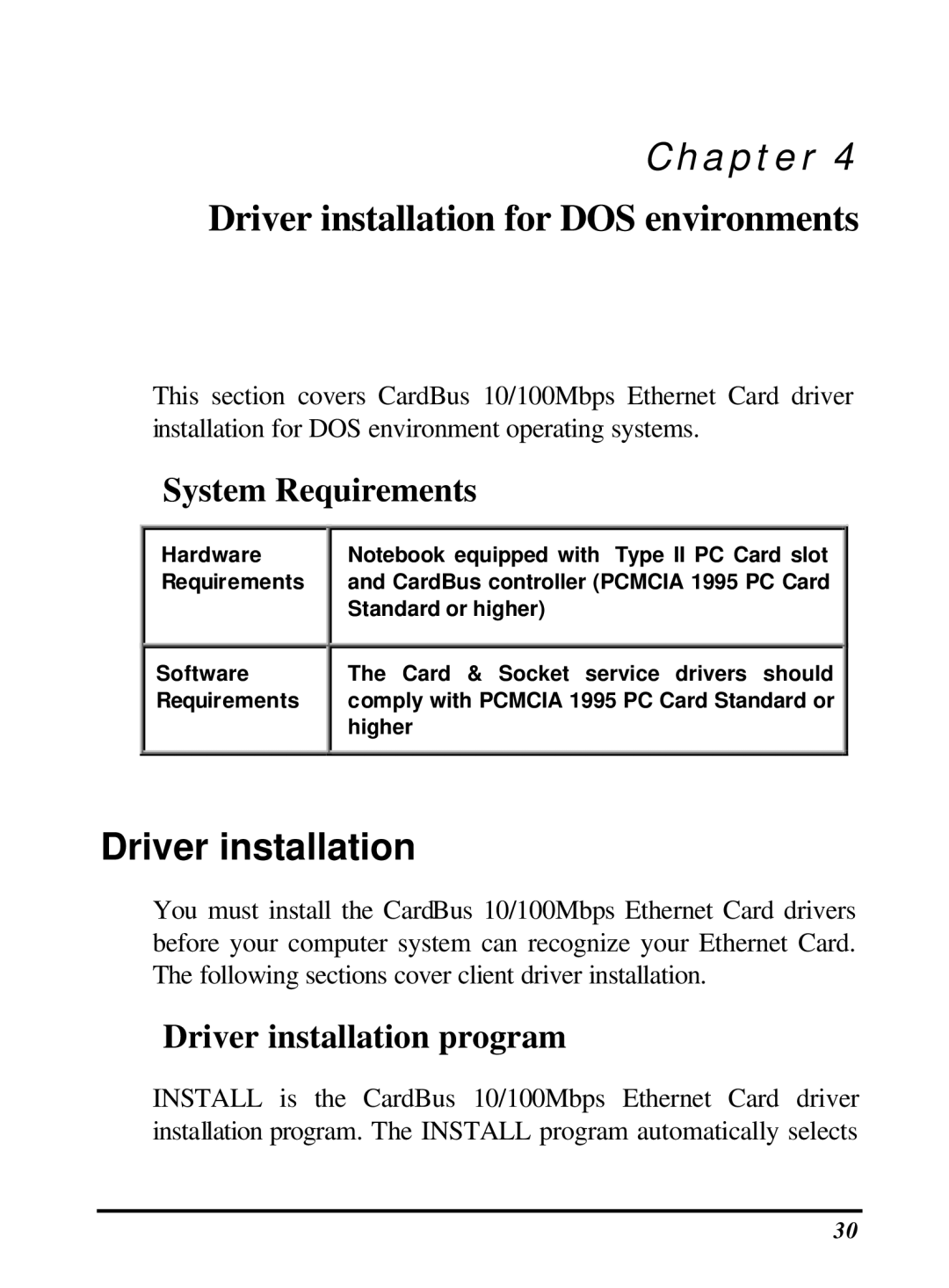 LevelOne 10/100M 32bit Fast Ethernet PC card user manual System Requirements, Driver installation program 