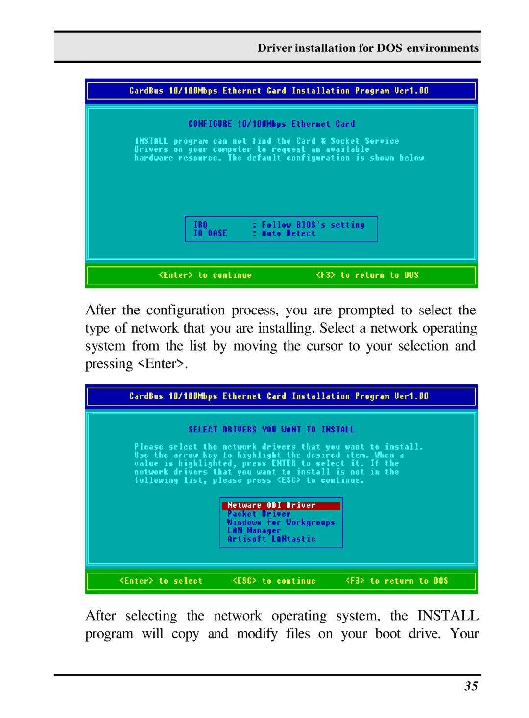 LevelOne 10/100M 32bit Fast Ethernet PC card user manual Driver installation for DOS environments 