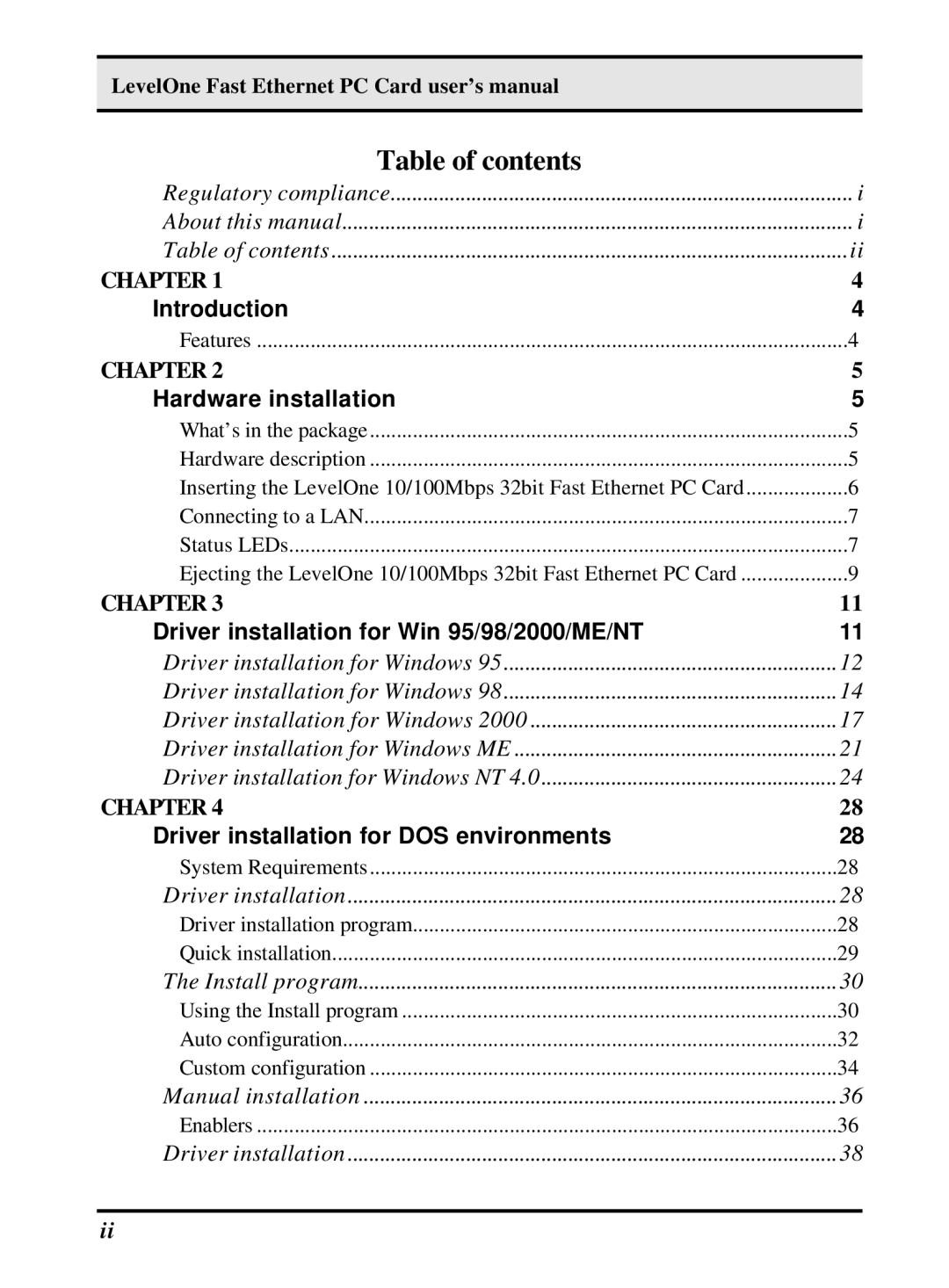 LevelOne 10/100M 32bit Fast Ethernet PC card user manual Table of contents 