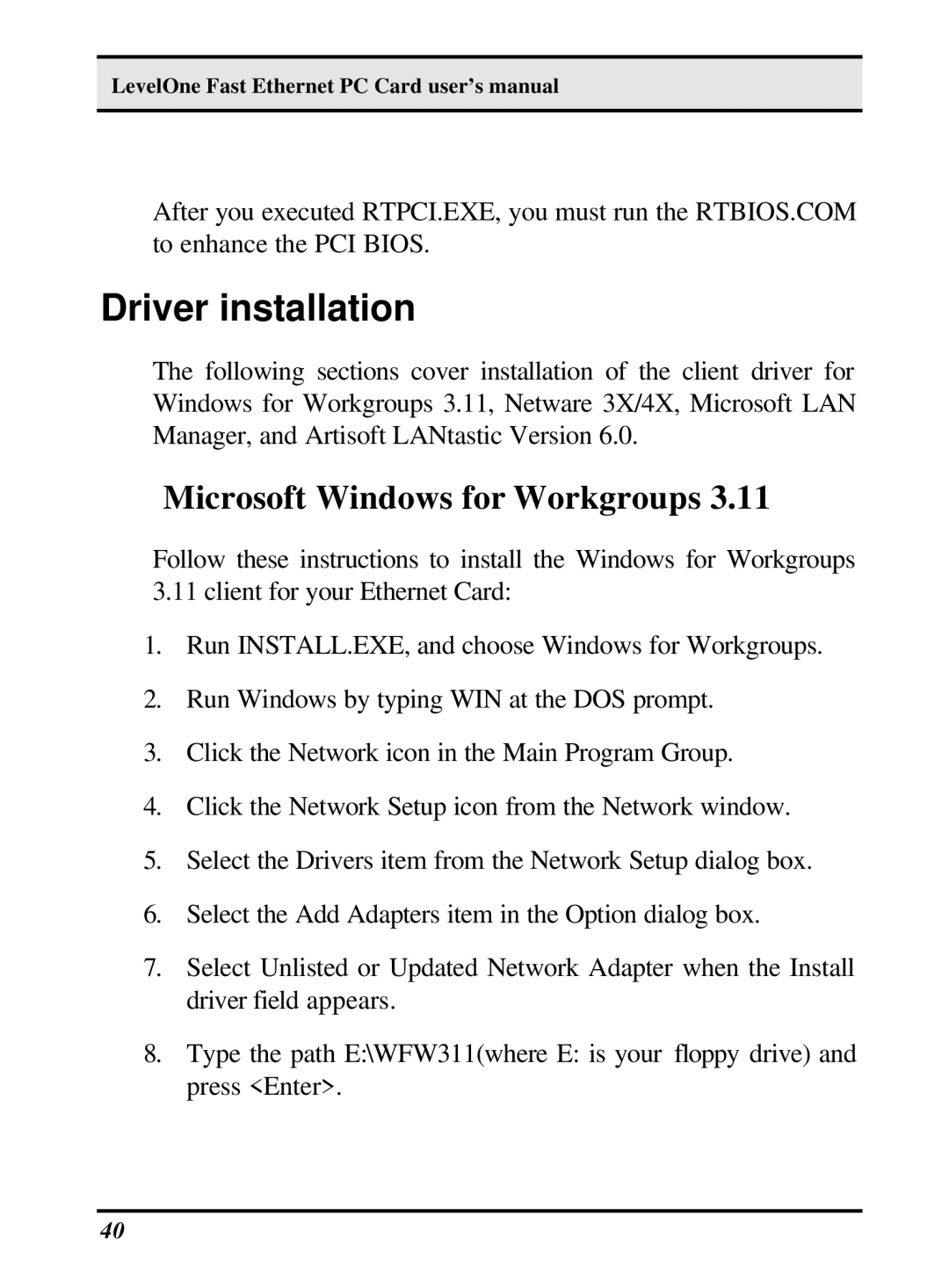 LevelOne 10/100M 32bit Fast Ethernet PC card user manual Driver installation, Microsoft Windows for Workgroups 