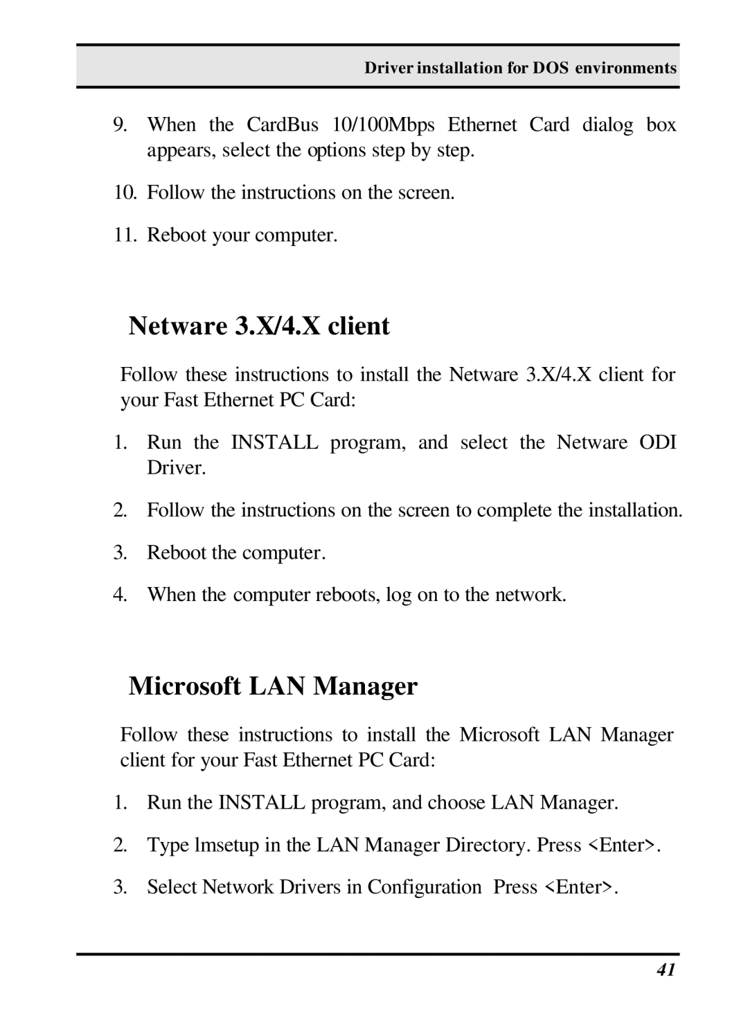 LevelOne 10/100M 32bit Fast Ethernet PC card user manual Netware 3.X/4.X client, Microsoft LAN Manager 