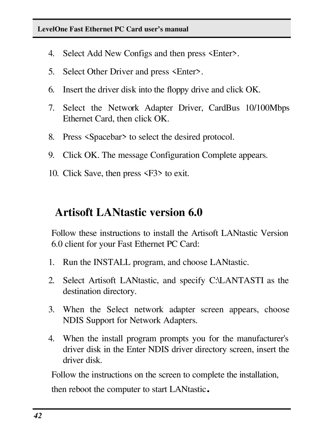 LevelOne 10/100M 32bit Fast Ethernet PC card user manual Artisoft LANtastic version 