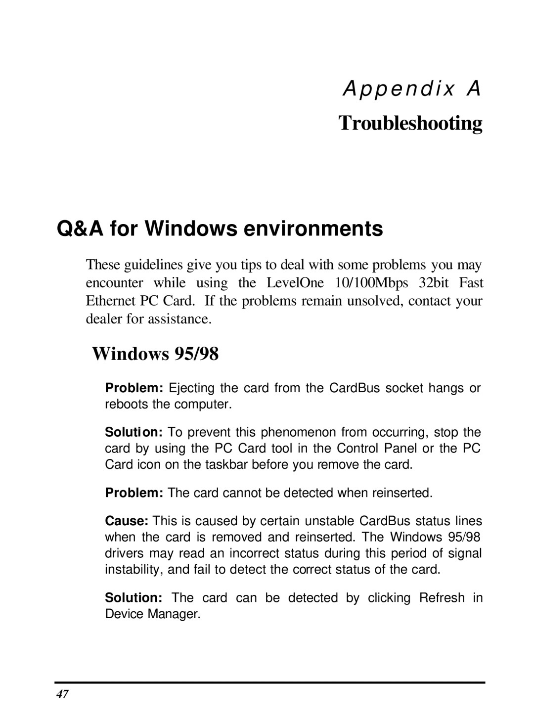 LevelOne 10/100M 32bit Fast Ethernet PC card user manual For Windows environments, Windows 95/98 