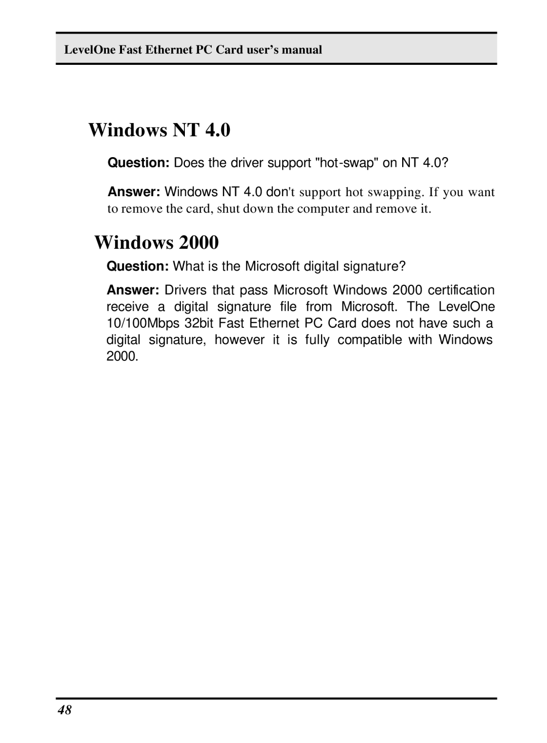 LevelOne 10/100M 32bit Fast Ethernet PC card user manual Windows NT 