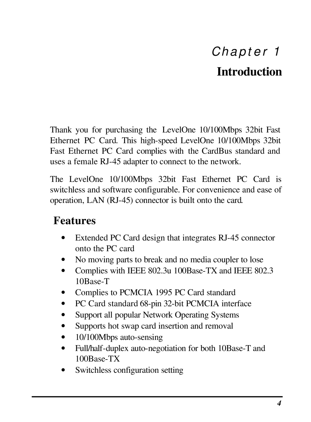 LevelOne 10/100M 32bit Fast Ethernet PC card user manual Chapter, Features 