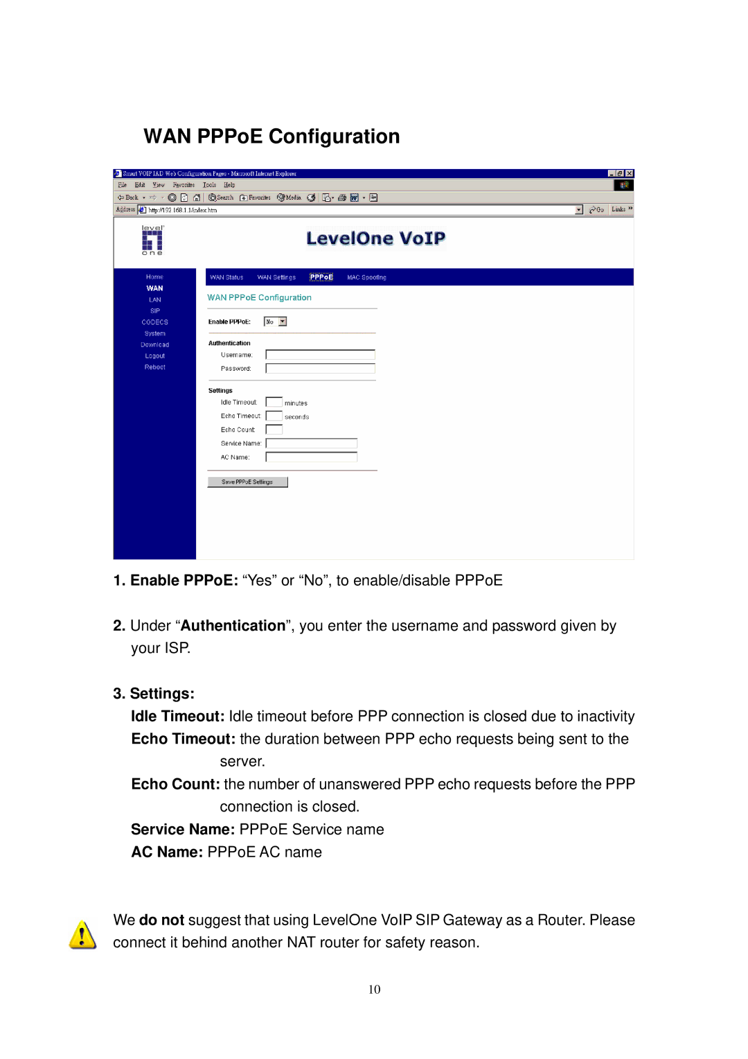 LevelOne 4100, 2110, VOI-1110, 2100 manual WAN PPPoE Configuration, Settings 