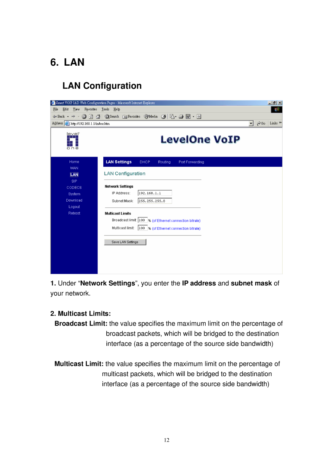 LevelOne 2100, 2110, 4100, VOI-1110 manual Lan, LAN Configuration 