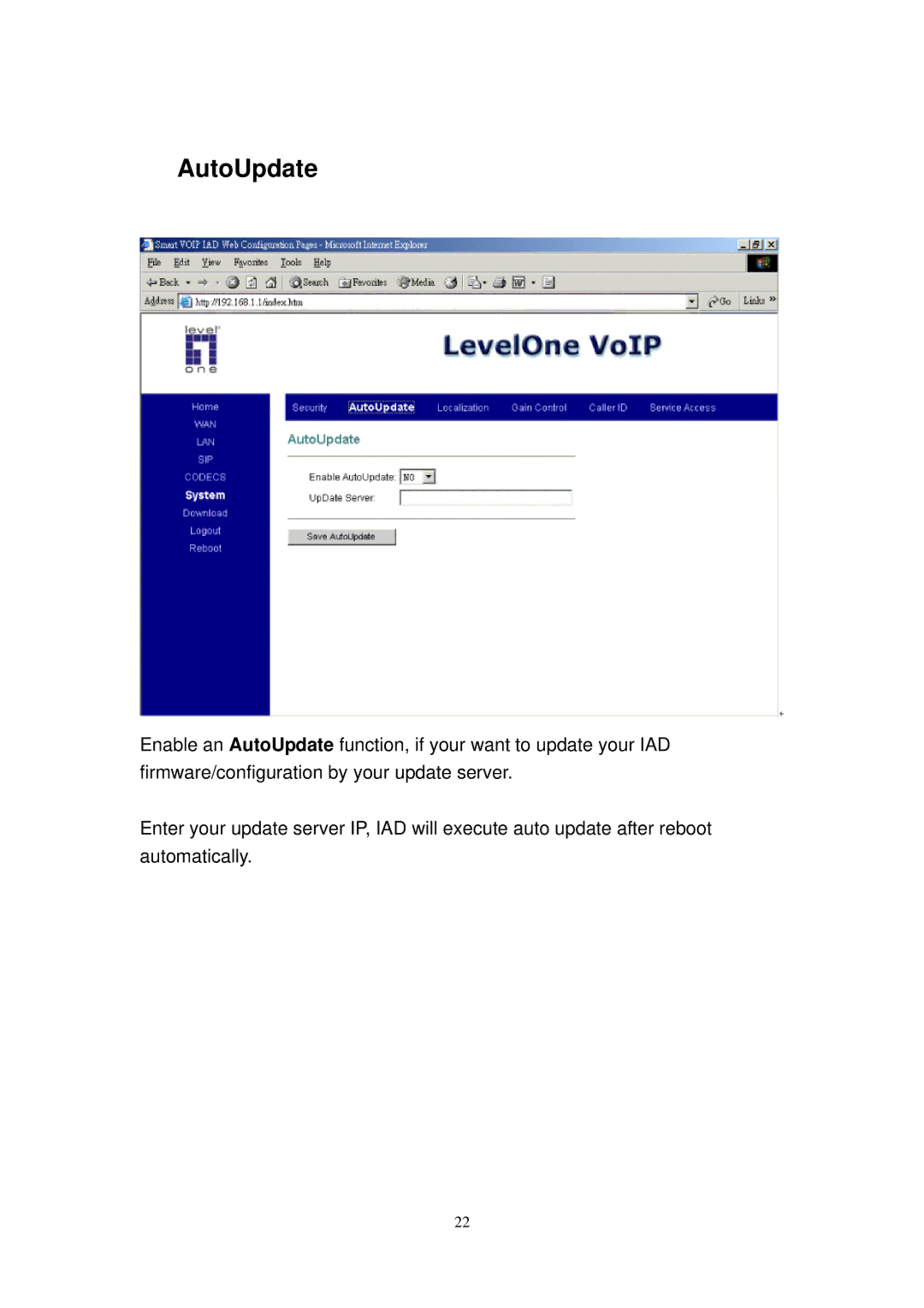 LevelOne 4100, 2110, VOI-1110, 2100 manual AutoUpdate 