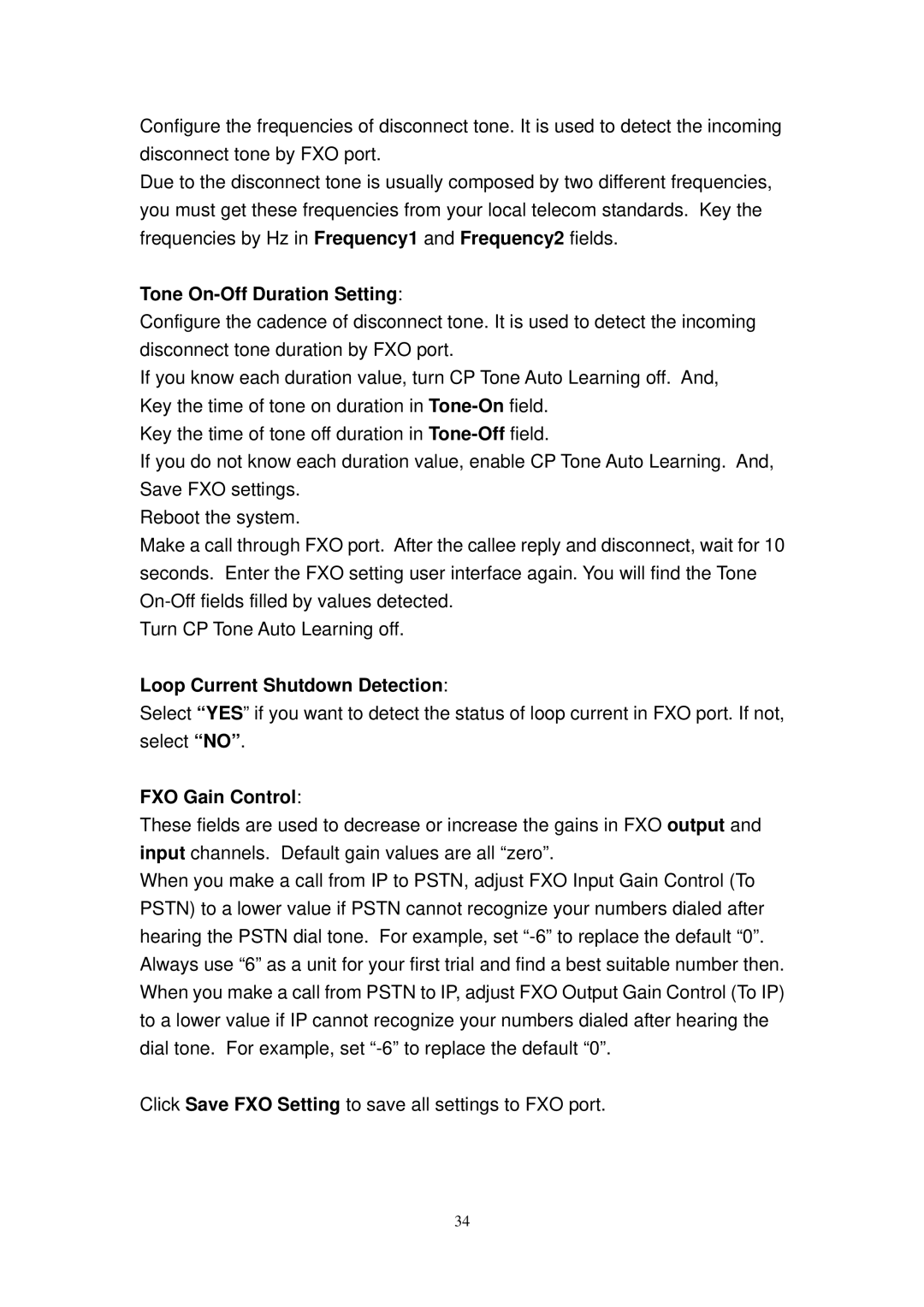 LevelOne 4100, 2110, VOI-1110, 2100 manual Tone On-Off Duration Setting, Loop Current Shutdown Detection, FXO Gain Control 