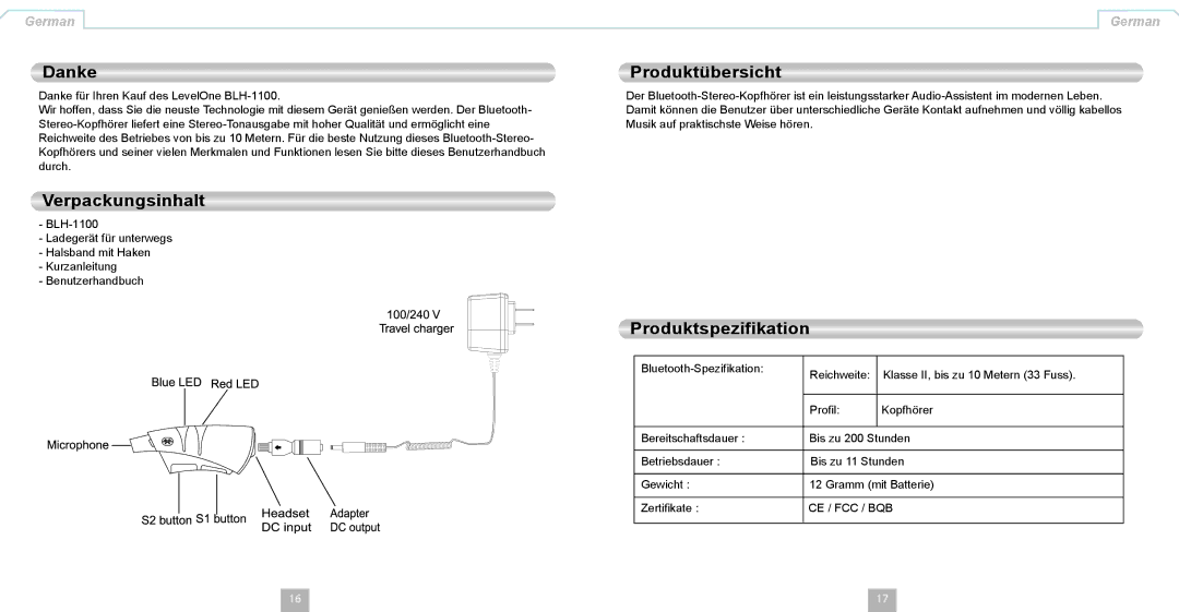 LevelOne BLH-1100 manual Danke, Verpackungsinhalt, Produktübersicht, Produktspezifikation 